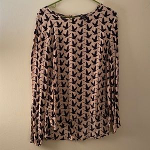 Pink Long sleeve black bird print blouse